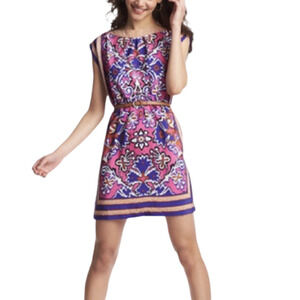 ANN TAYLOR LOFT CAP SLEEVE ELASTIC CINCH WAIST BANDANA DRESS MULTI GEO SMALL EUC